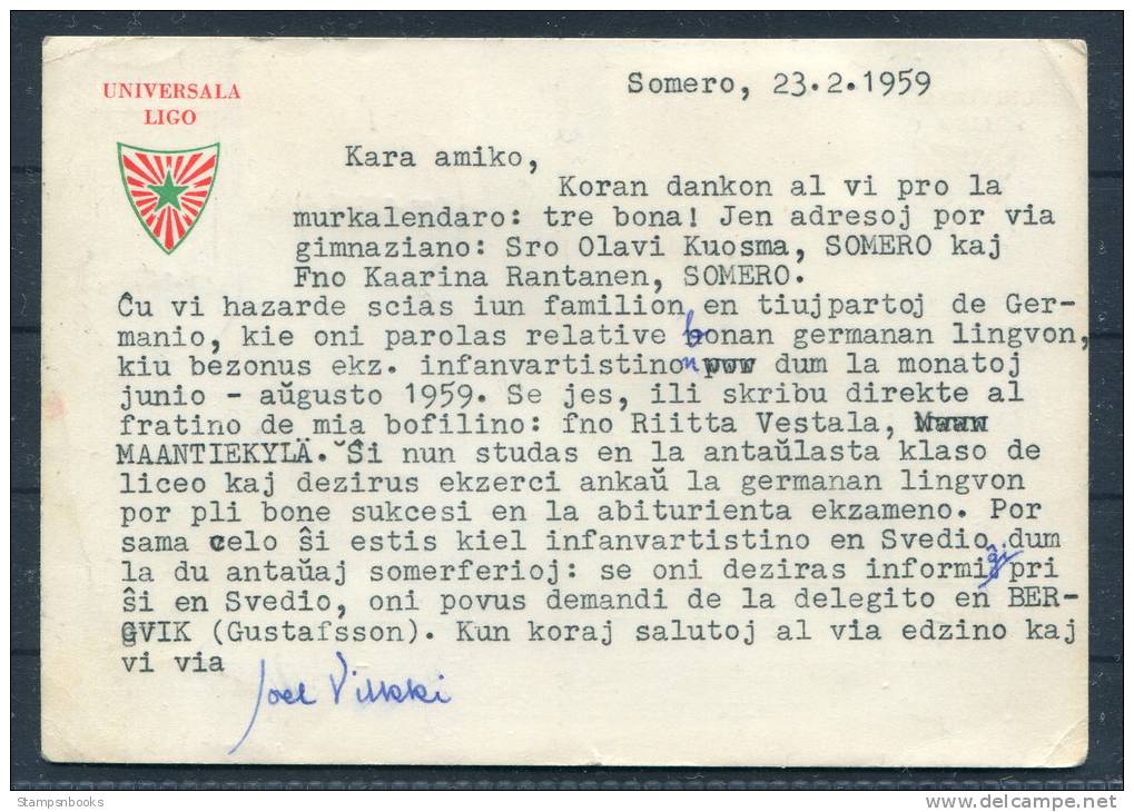 1959 Germany Finland Somero Hannover Esperanto Universala Ligo Postkarte - Esperanto