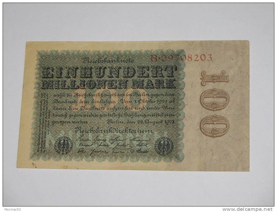 Einhundert Millionen Mark - 1923  Reichsbanknote - Germany - Allemagne - 10 Mark