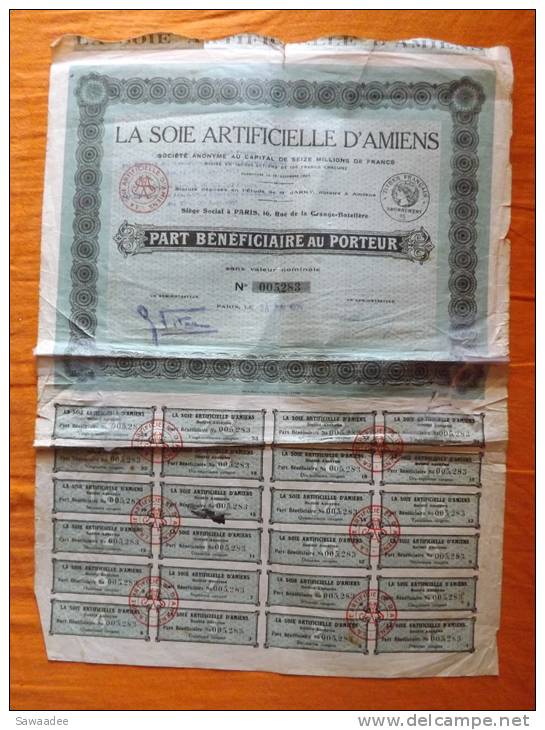 ACTION - LA SOIE ARTICIELLE D´AMIENS - PART BENEFICIAIRE AU PORTEUR - 28 JUIN 1927 - Textile