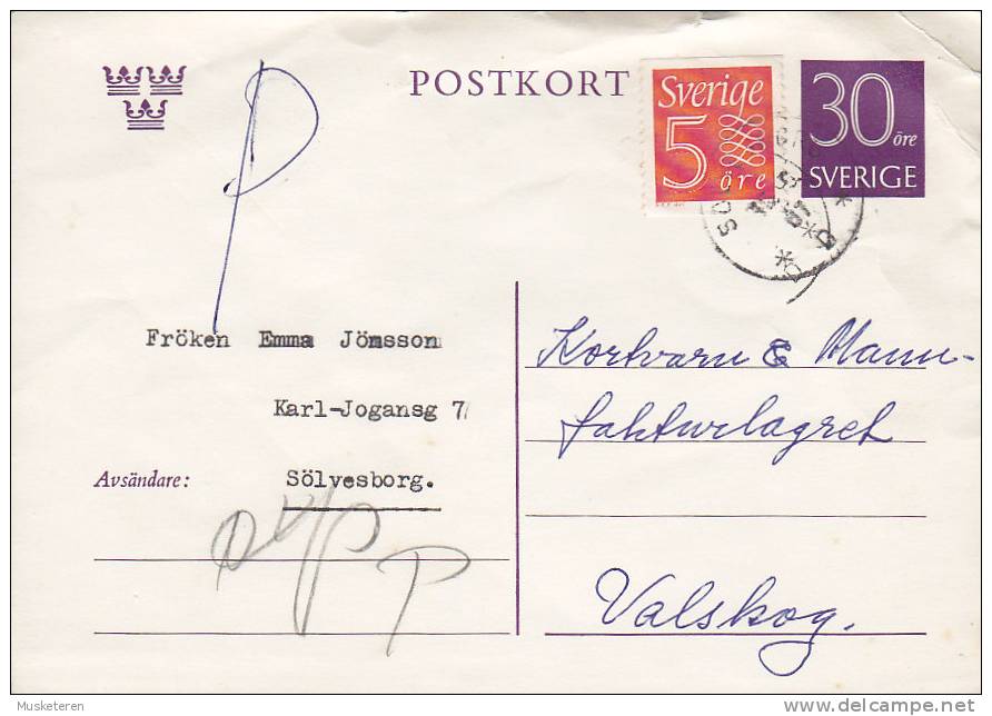 Sweden Uprated Postal Stationery Ganzsache Entier 30 Öre Postkort SÖLVESBORG 1967 To VALSKOG (2 Scans) - Postwaardestukken