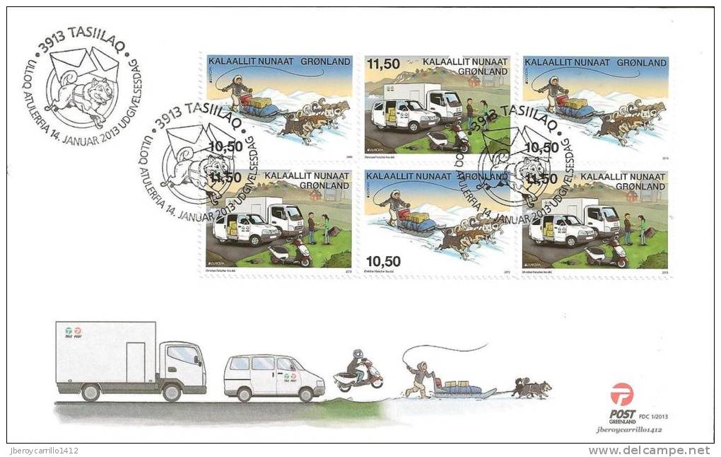 GROENLAND / / GREENLAND - EUROPE 2013 - THÈME ANNUEL « LE FOURGON POSTAL».- FDC De TROIS SERIÉS De 2 TIMBRES AUTOCOLLANT - 2013