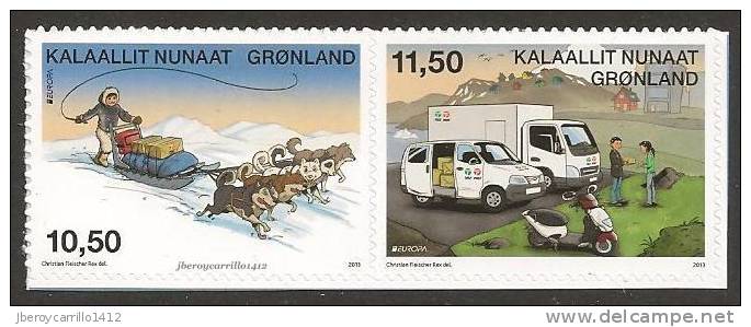 GROENLANDIA // GREENLAND - EUROPA 2013 -TEMA ANUAL " VEHICULOS POSTALES "-  SERIE De 2 V. ADHESIVOS  "procedente CARNET - 2013