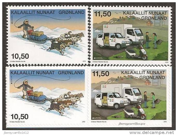 GROENLANDIA / / GREENLAND - 2013 EUROPA - TEMA ANNUALE "IL FURGONE POSTALE" -SERIE Di 2 + SERIE Di 2 ADESIVI Da LIBRETTI - 2013