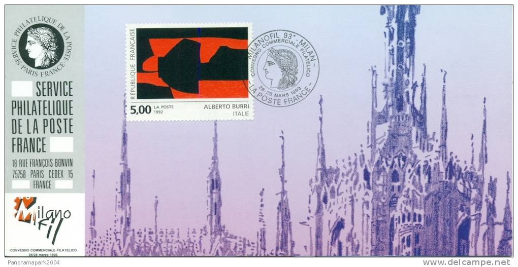 100 Carte Officielle Exposition Internationale Exhibition Milanofil 1993 FDC Tableau Kunst Painting Alberto Burri Church - Briefmarkenausstellungen