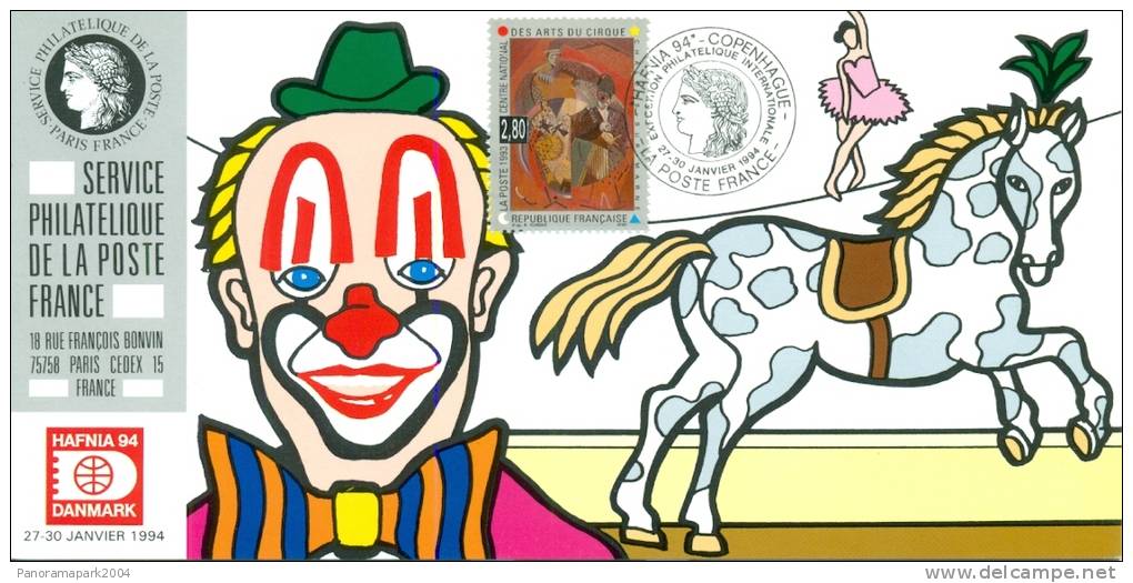 113 Carte Officielle Exposition Internationale Exhibition Danmark 1994 FDC Cirque Zirkus Circus Clown Horse Pferd Cheval - Philatelic Exhibitions