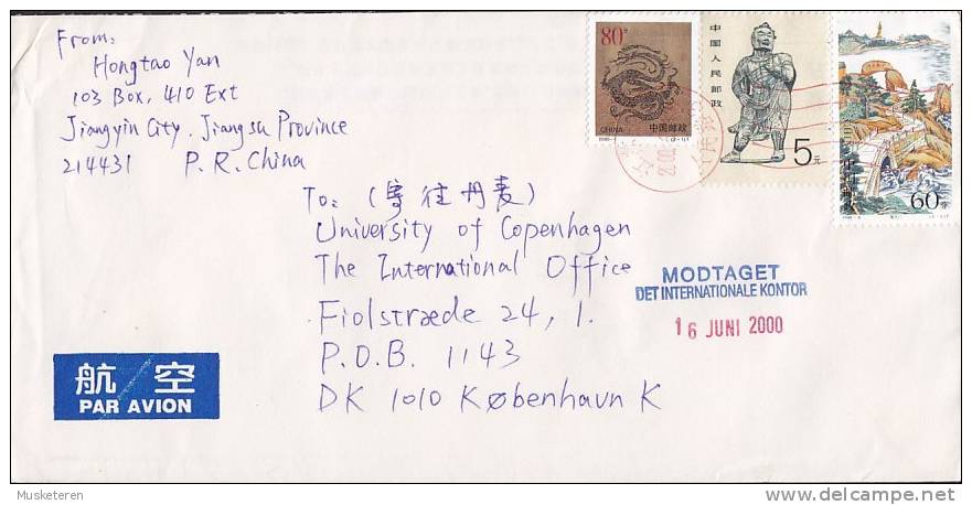 China Chine Par Avion JIANGYIN CITY 2000 Mult. Franked Cover Brief (Red Cancel) To Denmark - Covers & Documents