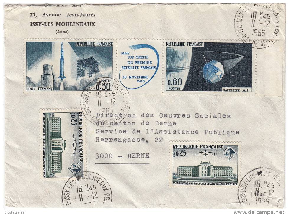 Lettre De S.H.B.,  Issy-les-Moulineaux Avec Triptyque Fusée Diamant & Satellite 1965, N° 1465 A. Dir. Berne, Suisse - Covers & Documents