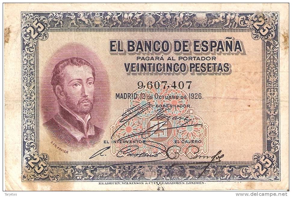 BILLETE DE ESPAÑA DE 25 PTAS  DEL AÑO 1926 SIN SERIE   Y CALIDAD BC+  (BANKNOTE) - 1-2-5-25 Pesetas