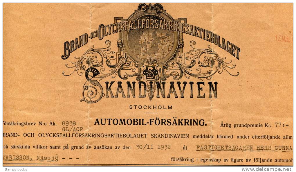 1933 Sweden Skandinavien Stockholm Automobil Forsakring Car Insurance Policy Document - Other & Unclassified