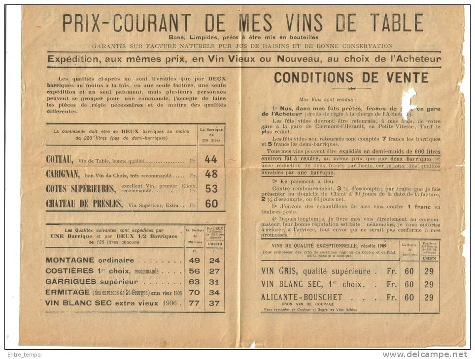 Publicité Georges Raynard Chateau De Presles Clermont-l'Herault 1909 - Publicités