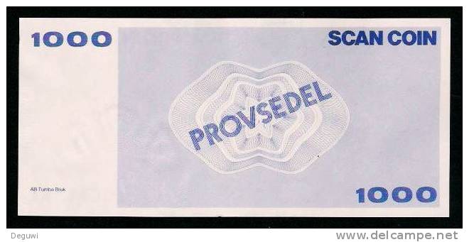 Test Note "SCANCOIN - AB TUMBA", 1000 Units, Beids. Druck, RRRRR, UNC, Provsedel 180 X 83 Mm, Typ A - Sweden