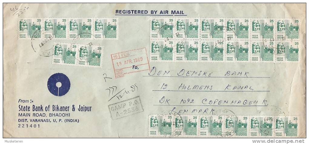 India Registered Airmail STATE BANK OF BIKANER & JAIPUR, CAMP P.O. A-2536, 1989 Cover Brief To Denmark 12- & 32-Blok - Corréo Aéreo