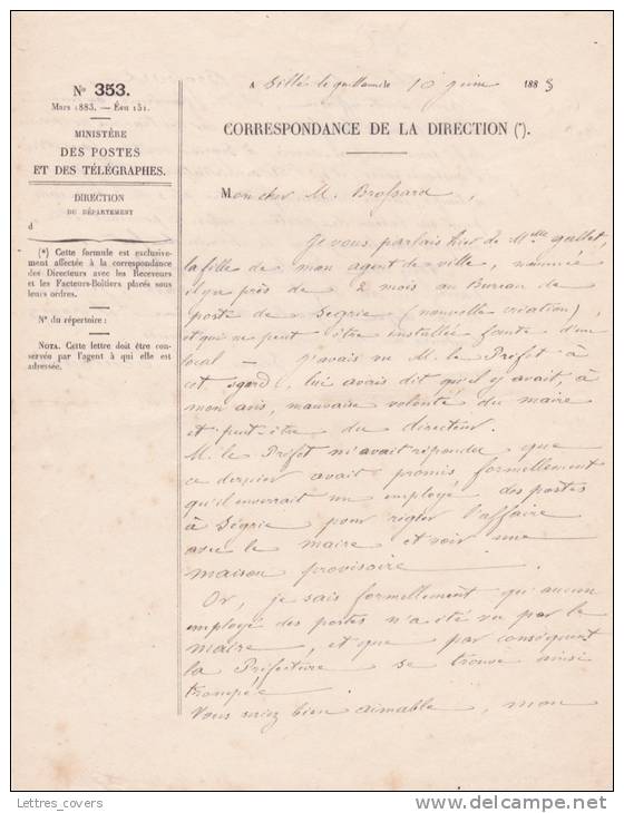 1885 IMPRIMÉ N°353 DES POSTES SILLÉ LE GUILLAUME SARTHE / NOMINATION, PROBLEME DE LOCAL / Lettre - Post