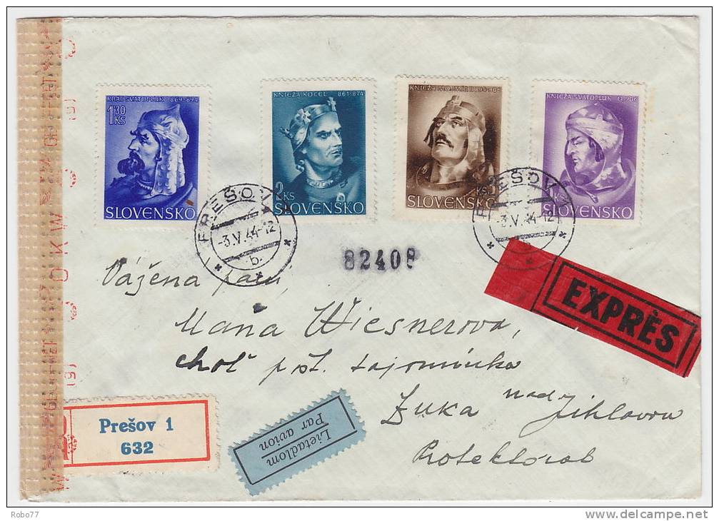 1944 Slovakia Multifranked Registered Expres Airmail Cover With Censorship. Presov 3.V.44.  (C03302) - Lettres & Documents