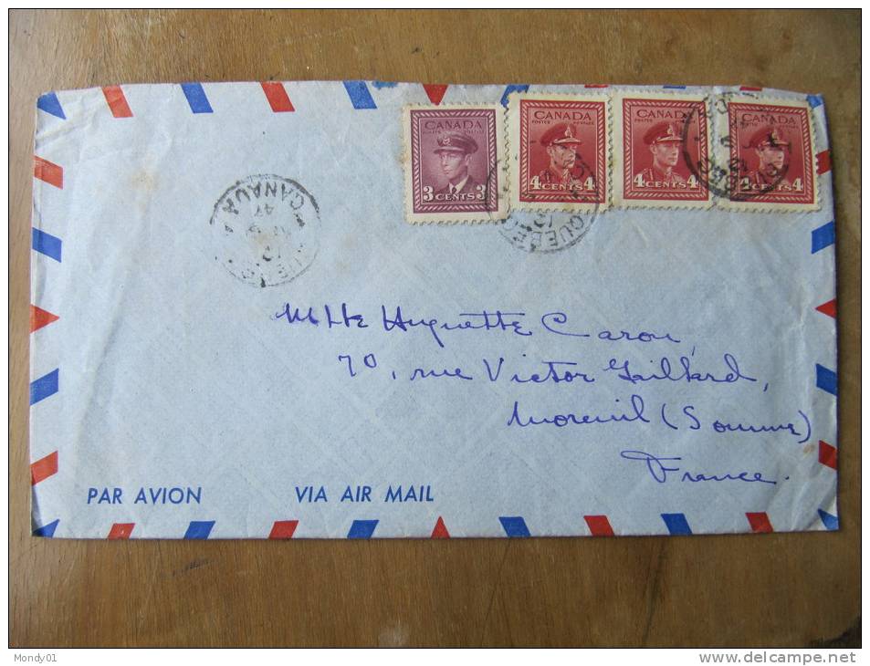 4-445 Canada Georges VI Enveloppe Pour France Moreuil Somme 1947 Quebec - Other & Unclassified