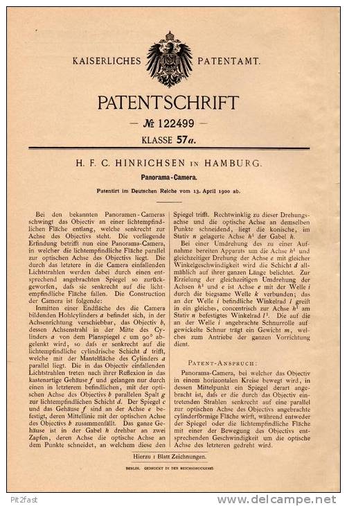 Original Patentschrift - H. Hinrichsen In Hamburg , 1901 , Panorama - Camera , Kamera , Photographie !!! - Fotoapparate