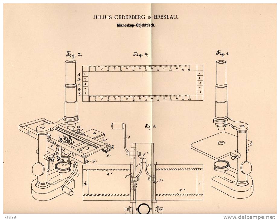 Original Patentschrift - J. Cederberg In Breslau , 1900 , Mikroskop - Objekttisch , Microscope !!! - Historical Documents