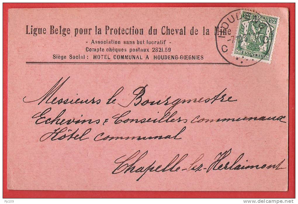 TP 425 Petit Sceau HOUDENG GOEGNIES  1937  CP Pub "Ligue Pour La Protection Du Cheval De La Mine" CHARBON CHARBONNAGE - Covers & Documents