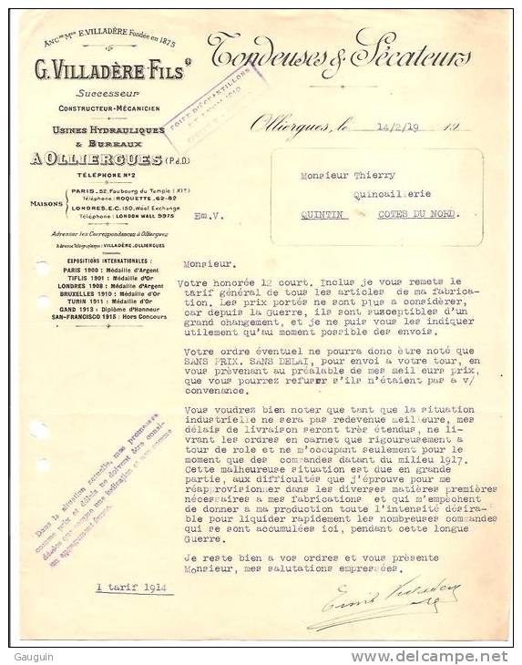 TONDEUSES &amp; SECATEURS - OLLIERGUES - Ets G.VILLADERE Fils - Usines Hydrauliques &amp; Bureaux - Datée 1919 - Agriculture