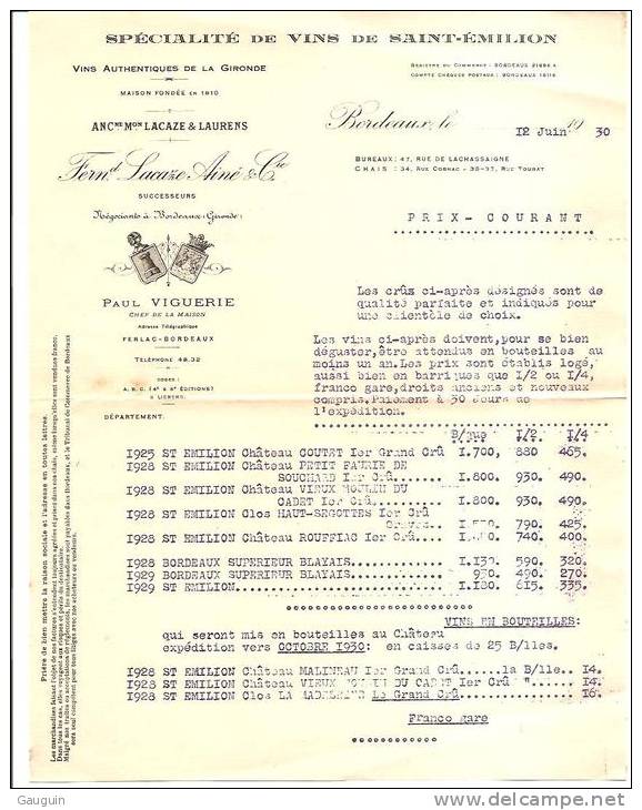 VINS DE ST EMILION - BORDEAUX - Maison LACAZE & LAURENS / Négociants - 1930 - Factures