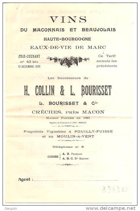 VINS Du MACONNAIS &amp; BEAUJOLAIS / EAUX DE VIE - CRECHES Près MACON - Ets H.COLLIN &amp; L.BOURISSET / Vignoble - Tari - Facturas