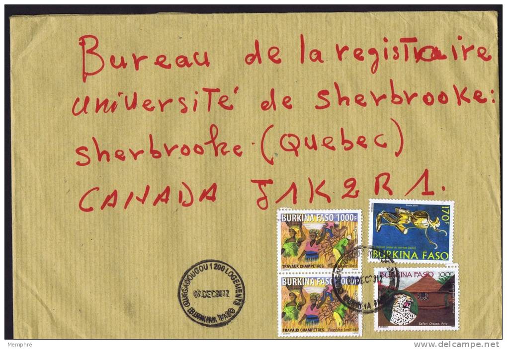 2012  Lettre Grand Format Pour Le Canada  Travaux Champêtres 1000f. X 2,  Safari Chasse 100f., Bronze - Burkina Faso (1984-...)