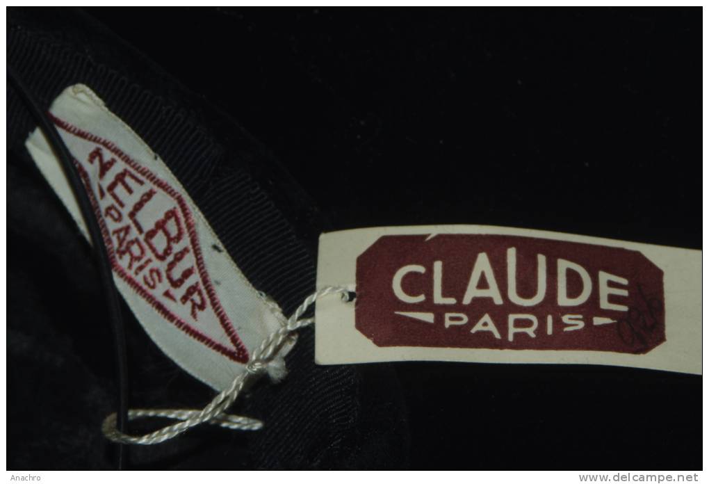 CHAPEAU Ancien MODE 1930 Grand VELOURS NOIR Plissé / NELBUR PARIS - Kapje, Hoeden, Mutsen