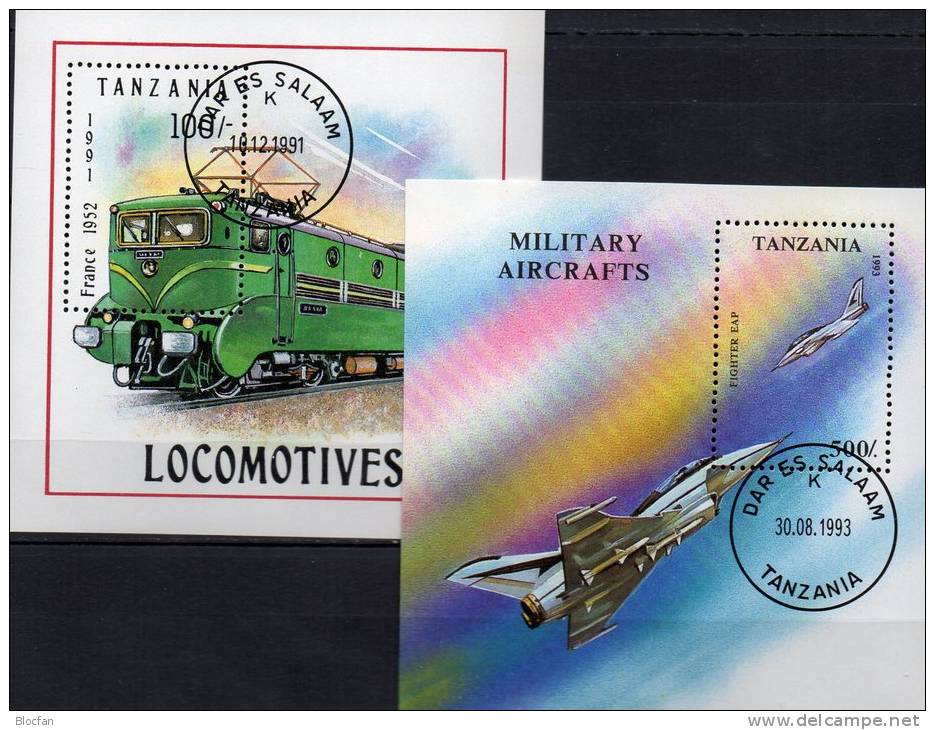 Transport 1993 Tanzania Blöcke 165+ 226 O 5€ E-Lok 1952 Figther EAP Hoja Blocchi Train Blocs Military Sheets Bf Tansania - Militaria