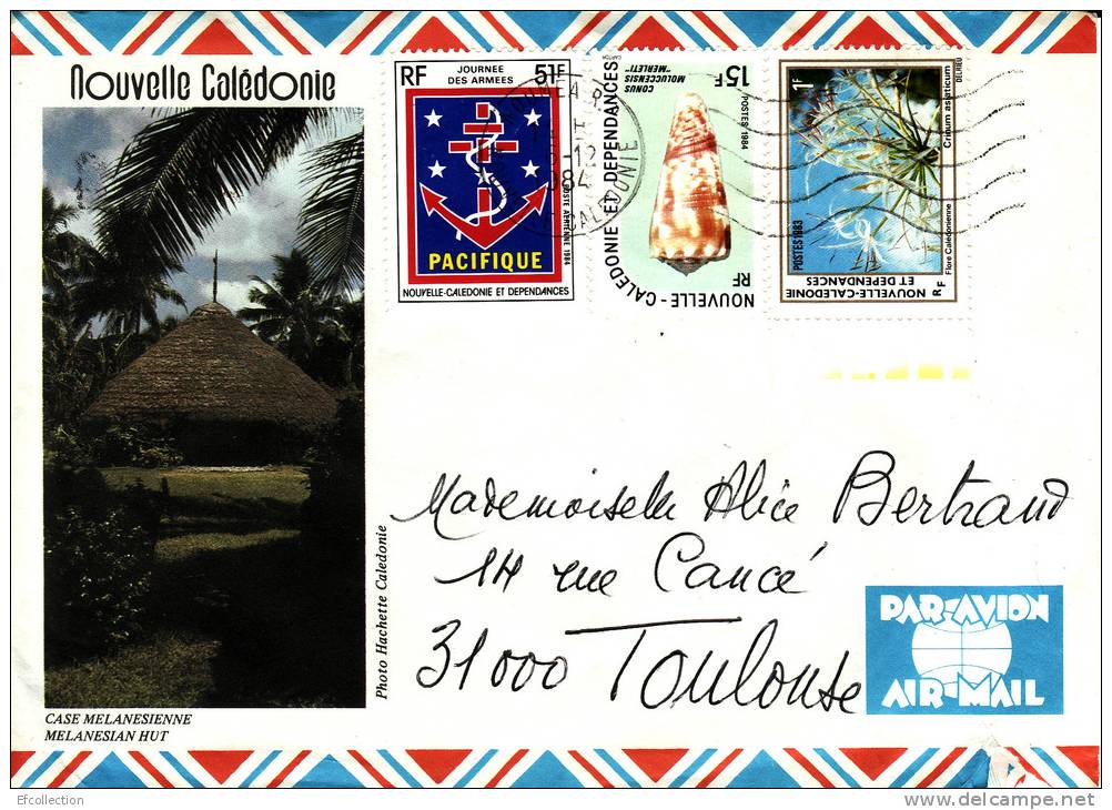 NOUVELLE CALEDONIE NOUMEA CASE MELANESIENNE JOURNEE DES ARMEES COQUILLAGE FLORE LETTRE PAR AVION MARCOPHILIE - Covers & Documents