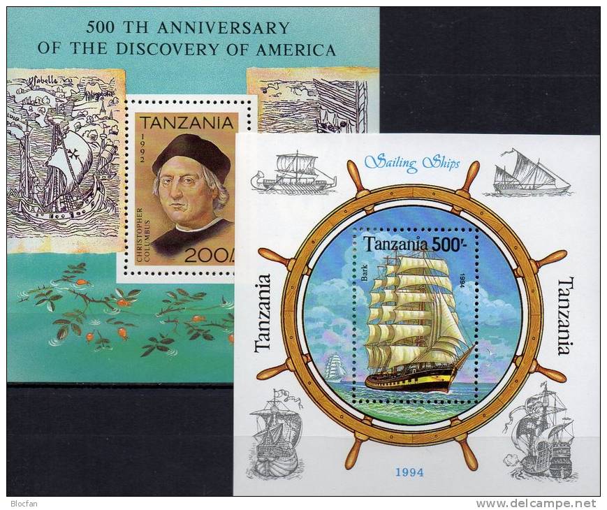 Entdeckung Amerika Tanzania Block 189+Bl.244 ** 7€ Segelschiff 1992 Columbus History Ship Blocs Barke Sheets Bf Tansania - Indianen