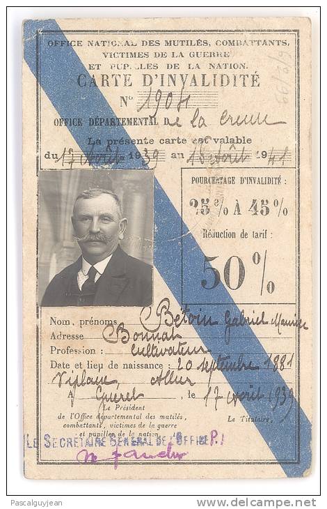 CARTE INVALIDITE 1939 - CREUSE - Documents Historiques