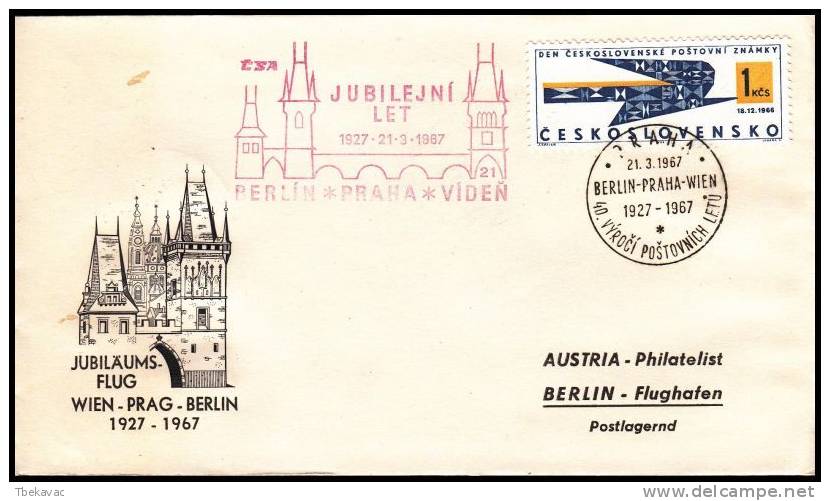 Czechoslovakia 1967 , Airmail Cover Berlin - Praha - Wien, Anniversary Flight - Corréo Aéreo