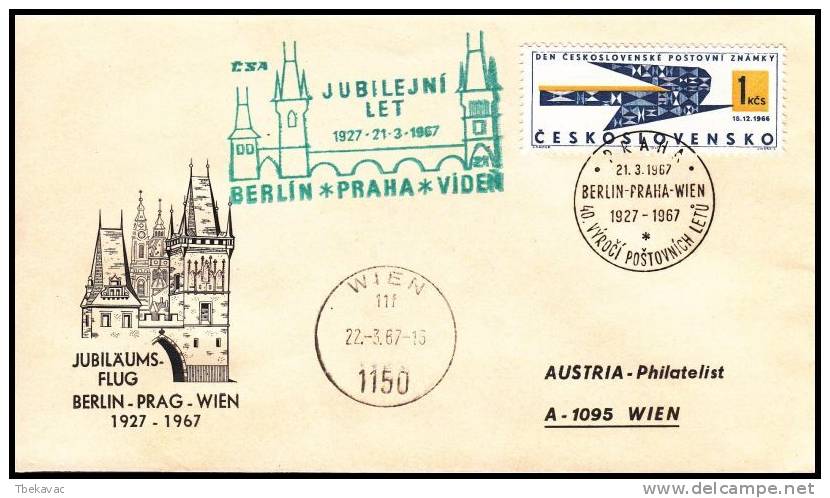 Czechoslovakia 1967 , Airmail Cover Berlin - Praha - Wien, Anniversary Flight - Corréo Aéreo