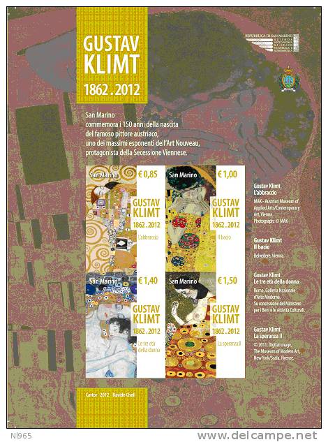 SAN MARINO - ANNO 2012 - BF ANNIVERSARIO NASCITA PITTORE GUSTAV KLIMT  - NUOVI ** MNH - Neufs