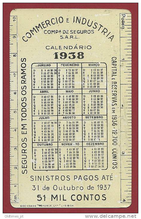 PORTUGAL - LISBOA - PORTO - COMPANHIA DE SEGUROS COMMERCIO E INDUSTRIA - CALENDÁRIO - 1938 ADV. METAL CALENDAR - Formato Grande : 1921-40