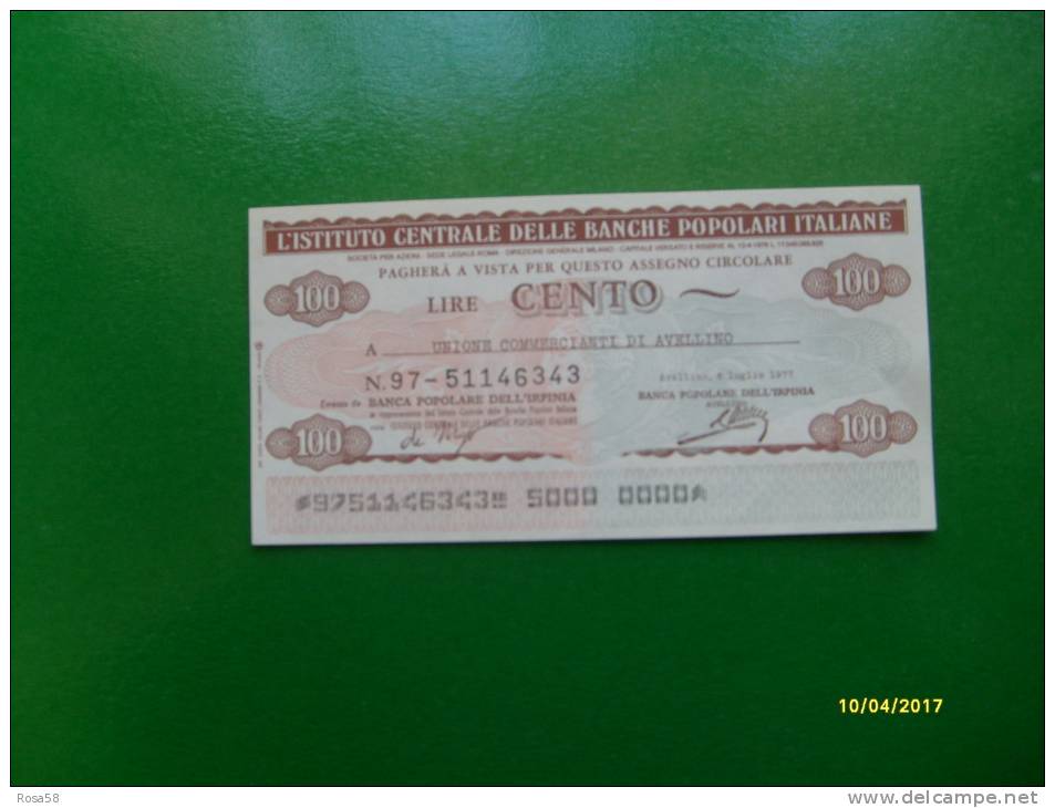 1977 MINIASSEGNO Istituto Centrale Delle Banche Popolari Italiane L.100 Unione Commercianti Avellino - Lots & Kiloware - Banknotes