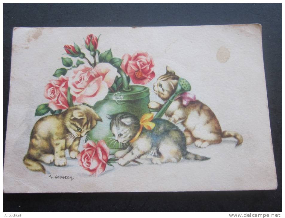 Illustrateur Signé Gougeon Carte Postale Chromo " Bonnes Fête -Voeux "trois Chats Chatons Arrosoir Et Roses - Gougeon