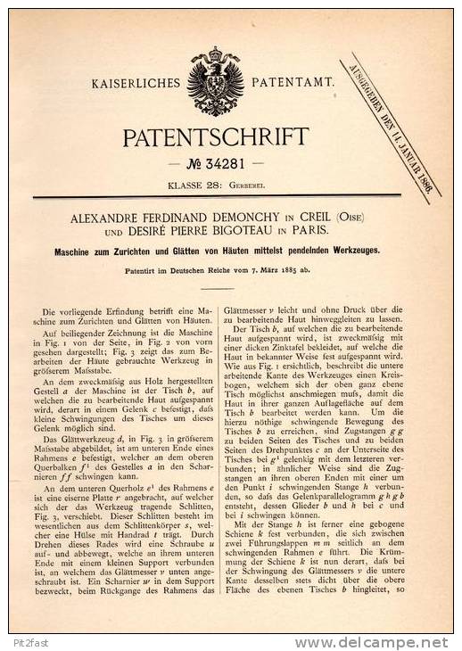 Original Patentschrift - A. Demonchy In Creil , Oise , 1885 , Machine Pour Lissage De La Peau, Peaux, Pendule !!! - Machines