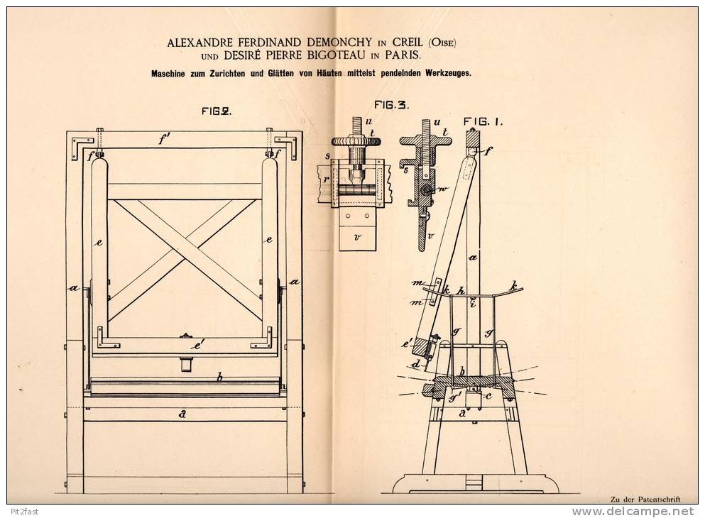 Original Patentschrift - A. Demonchy In Creil , Oise , 1885 , Machine Pour Lissage De La Peau, Peaux, Pendule !!! - Machines