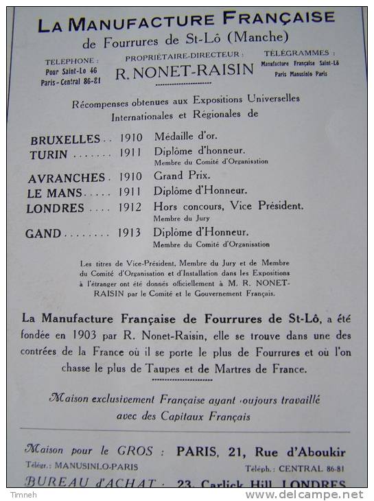 1 Feuillet Recto Verso - Publicité  NONET RAISIN LA MANUFACTURE FRANCAISE DE FOURRURES DE ST LÔ MANCHE - Publicités