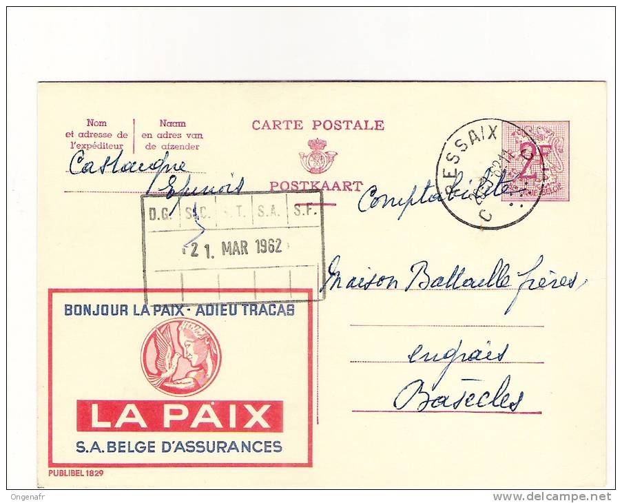 Publibel Obl. N° 1829 (Assurances LA PAIX, Colombe) Obl: Ressaix 20/09/1962 - Publibels