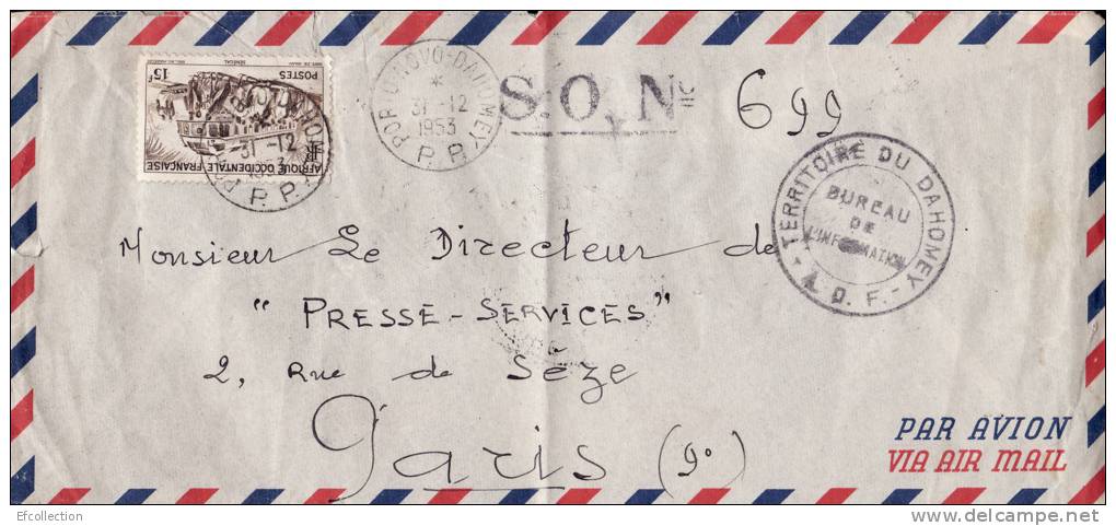 PORTO NOVO DAHOMEY 1953 AFRIQUE COLONIE LETTRE AVION > TAMPON BUREAU DE L´INFORMATION S.O. N° 699 MARCOPHILIE RARE - Lettres & Documents