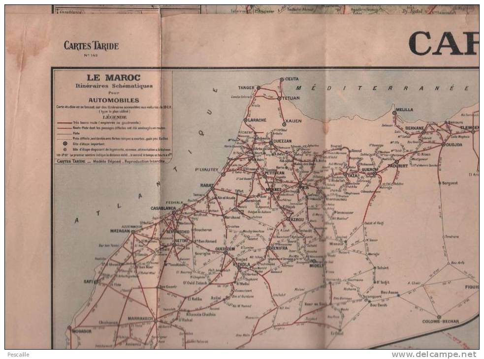 1946 - CARTE TARIDE TOUT LE MAROC EN 1 FEUILLE - ITINERAIRES ROUTIERS - PLANS FES CASABLANCA TANGER MARRAKECH - Geographical Maps