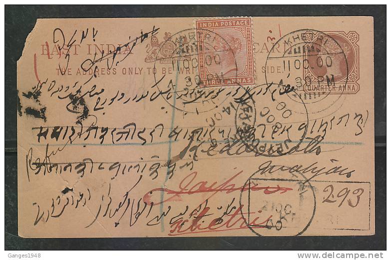 India  1900  QV  1/4A Post Card Registered Used  Khetri To Jaipur  #  46548   Indien Inde - 1858-79 Kronenkolonie