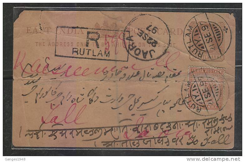 India  1897  QV  1/4A Post Card Registered Used  Rutlam  To  Jaora  #  46547   Indien Inde - 1858-79 Crown Colony