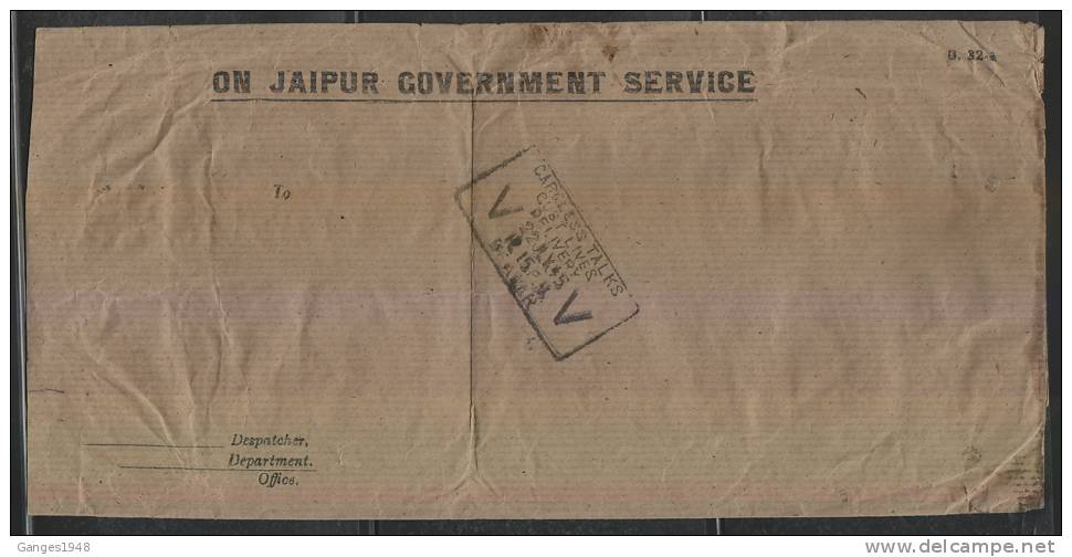 JAIPUR   1946  State Service Cover Re-Used With  India Economy Slip  Service Stamp To Beawar  #  46560   Indien Inde - Jaipur