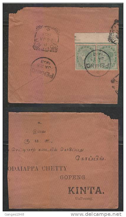 India..USED IN PENANG..  1923  QV  12 A Pair  Part Cover To Gopeng   #  46557   Indien Inde - 1858-79 Compañia Británica Y Gobierno De La Reina