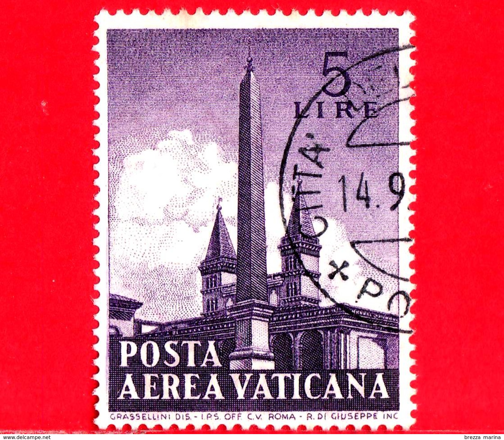 VATICANO - Usato - 1959 - Obelischi - POSTA AEREA - 5 L. - Obelisco In S.Giovanni - Luchtpost