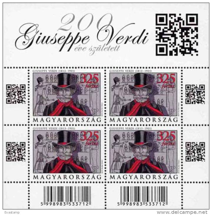 HUNGARY-2013.Full Sheet - Composer Giuseppe Verdi MNH!! New! With QR Code RR!! - Feuilles Complètes Et Multiples