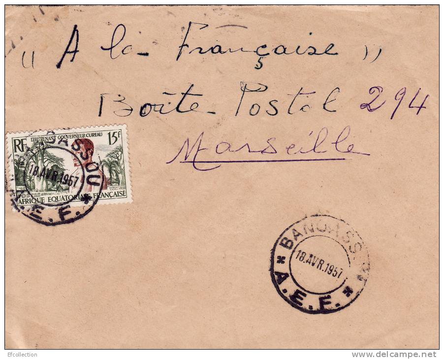 BANGASSOU TRANSIT BANGUI OUBANGUI AFRIQUE COLONIE FRANCAISE LETTRE PAR AVION FRANCE A MARSEILLE TIMBRE CAD MARCOPHILIE - Storia Postale